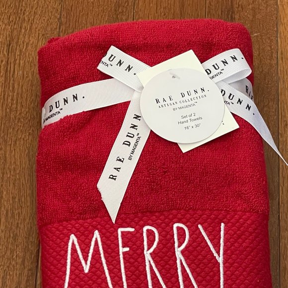 New Rae Dunn by Magenta Red Merry Hand Towel Set - Picture 4 of 4